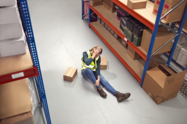 Female Worker With Injured Leg On Floor After Workplace Accident In Warehouse